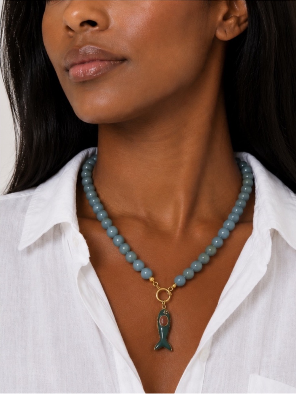 New! Coastal Beaded Green Fish Charm Necklace NWOT 1025